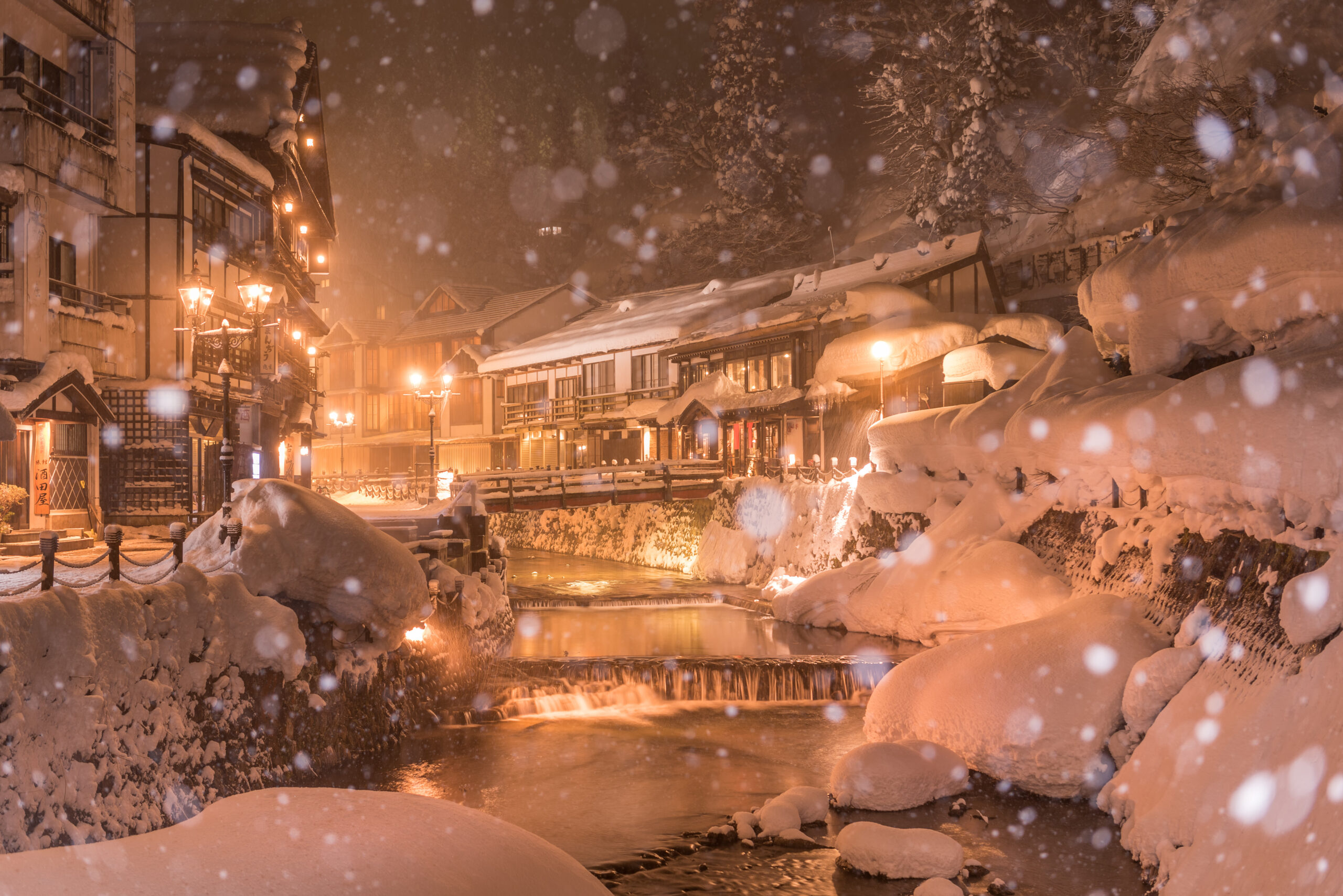 Ginzan Onsen in the winter with its famos ryokans and onsen