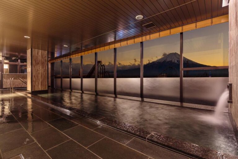 HOTEL MYSTAYS Fuji Onsen Resort indoor onsen with views of mt fuji