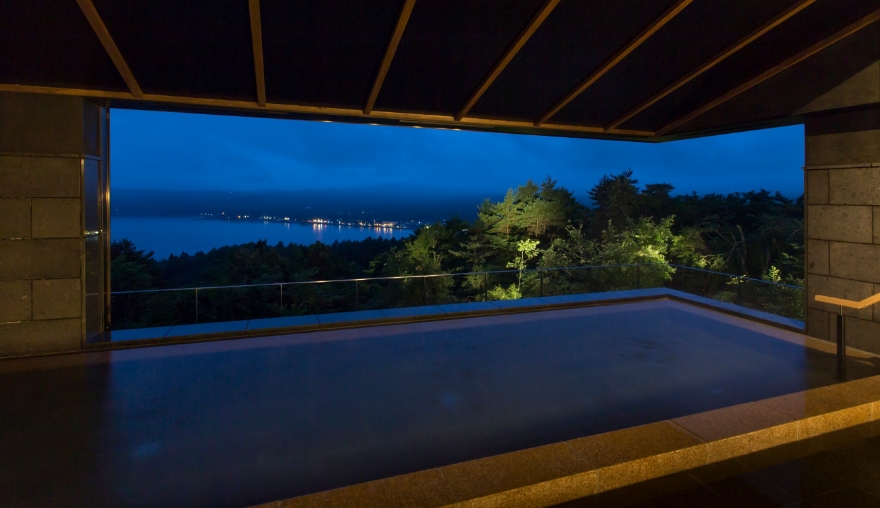 Mount Fuji hotel open air onsen at night