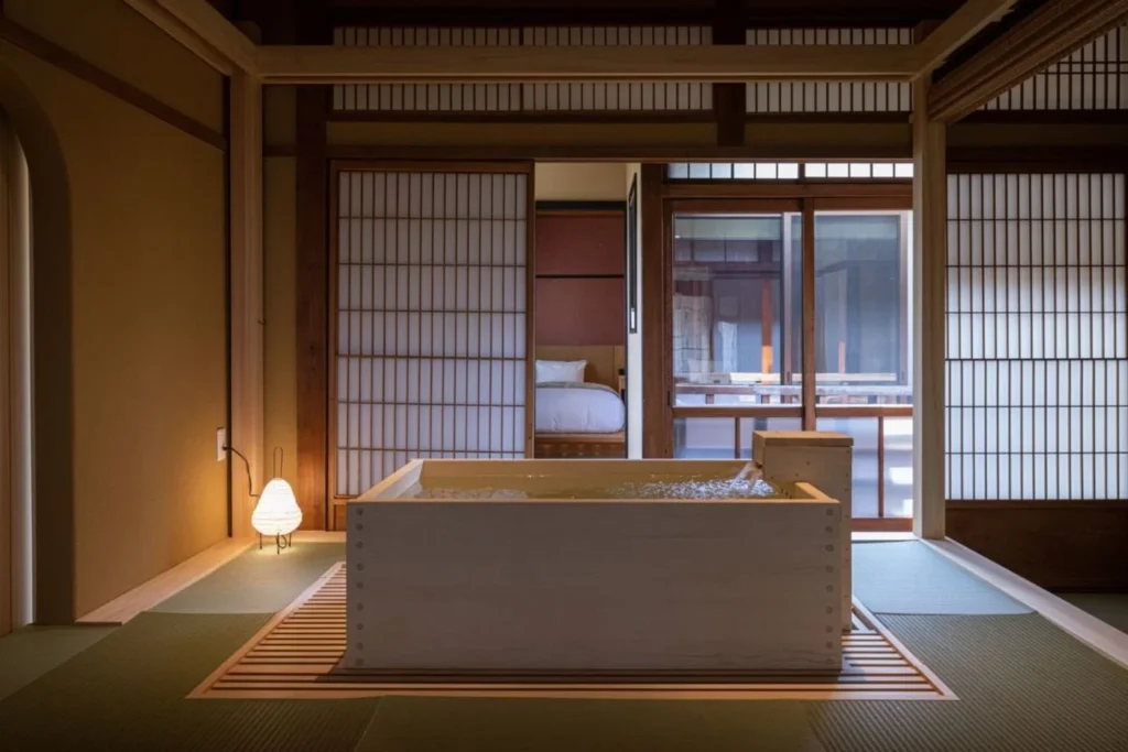 Nazuna Kyoto Nijo-jo stunning tea themed room with bath