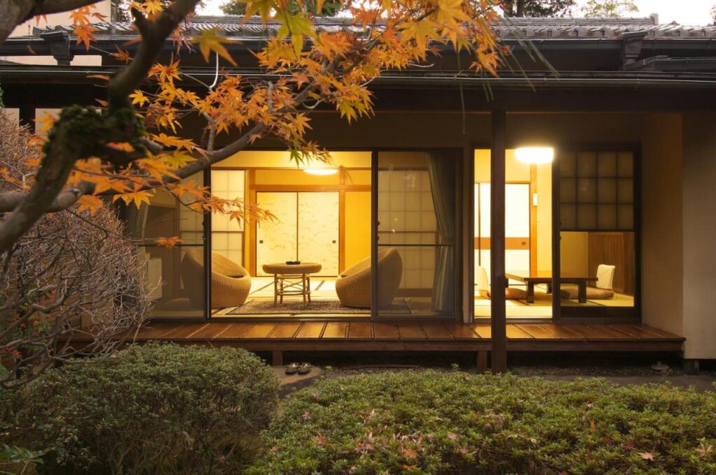 Gyokutei relaxing area with views of the garden