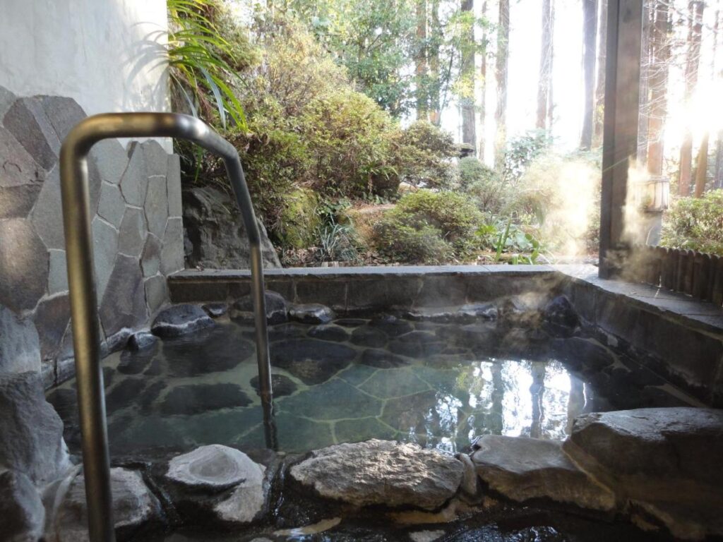 Hananoyado Fukuya bedrock open air onsen with forest views