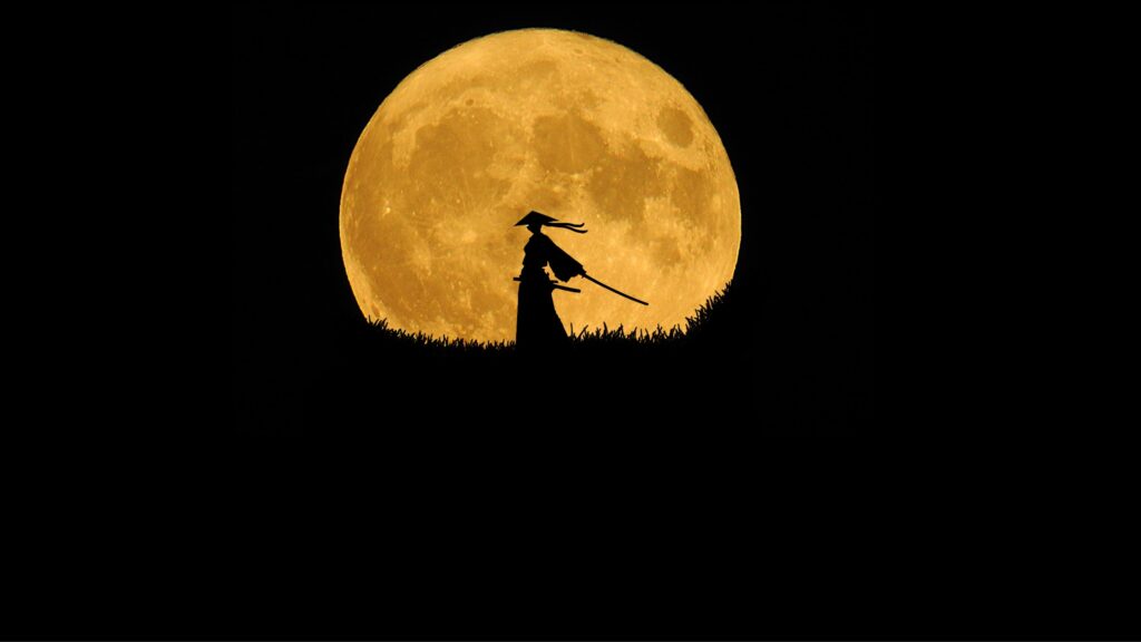 Japanese samurai in front of the full moon