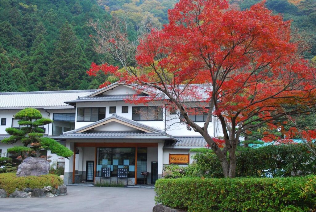 Okumizuma Onsen entrance in autumn foliage