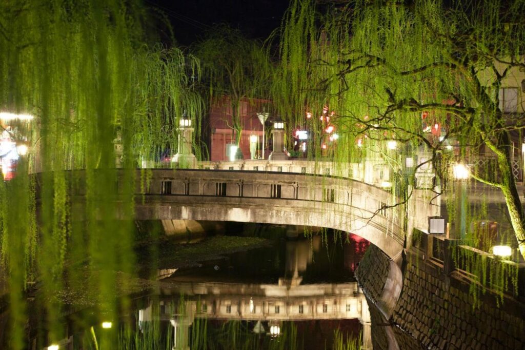 Kinosaki Onsen Sensui Bridge And Lanterns