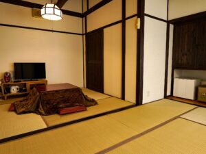 Tatami room with low table and floor cushions