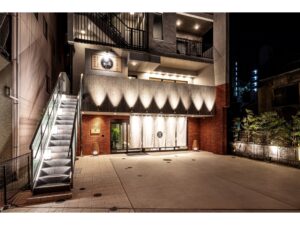 Hotel exterior entrance at night