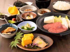 Japanese breakfast spread on a dining table