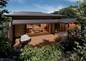 デッキと浴槽付きの旅館客室の外観