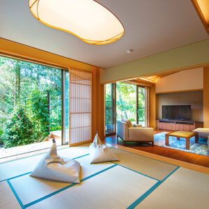 ビーズクッションと隣接するシーティングエリアのある畳の部屋