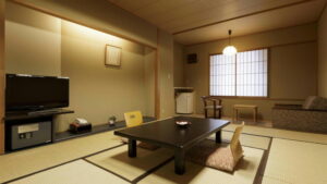 带矮桌、和式座椅和沙发的榻榻米房间