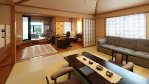 Tatami guest room with low table, sofa, and desk