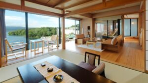 Tatami living area with chairs and lake view