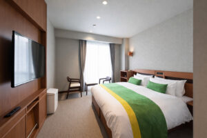 Camera da letto con letto matrimoniale, TV e seduta vicino alla finestra