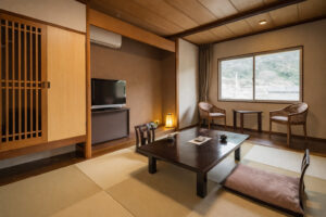 ローテーブル、座布団、椅子のある畳の部屋