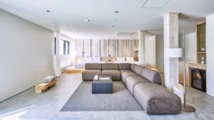 Large sectional sofa in an open guest room