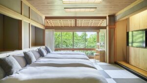 Three beds in a tatami-style guest room