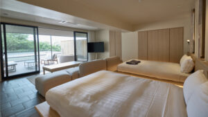 Two beds in a modern guest room