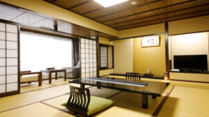 Tatami room with low table and floor chairs