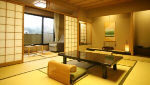 Tatami room with low table and floor seating