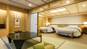 Tatami room with low table and twin beds