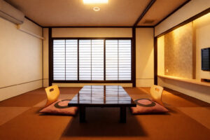 带矮桌和坐垫的榻榻米房间