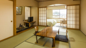 Tatami room with low table and adjacent bed area