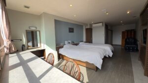 Twin beds in a bright guest room