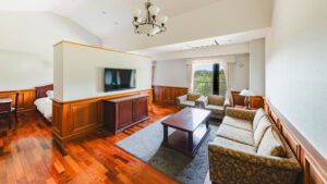 소파, 의자, 커피 테이블, TV가 있는 객실