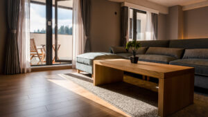 발코니 문 옆 소파와 나무 테이블