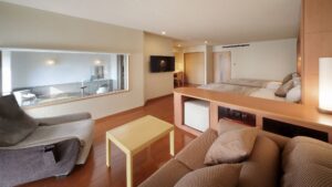 Habitación con zona de cama elevada y espacio de estar