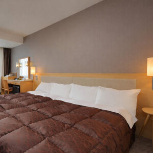 Habitación con cama grande y edredón marrón