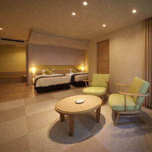 Habitación con dos camas individuales, sillas y mesa