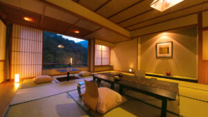 Tatami room with low table and floor chairs