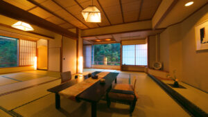 Tatami room with low table and floor chairs