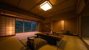 Tatami room with low table and floor chairs