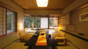 Tatami room with low table and floor chairs