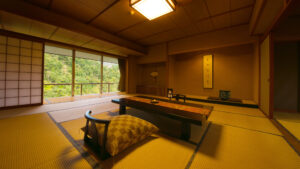 Tatami room with low table and floor cushion