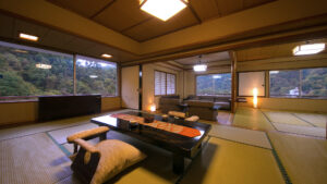 Tatami room with low table and floor cushions
