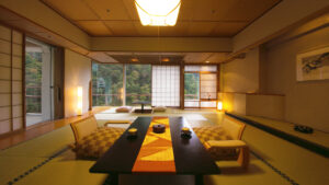 Tatami room with low table and floor seating