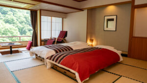 Twin beds in a tatami room by the window