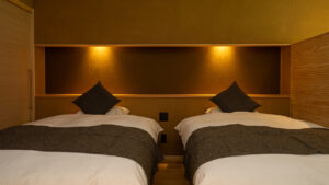 Two twin beds with dark cushions and headboard lighting