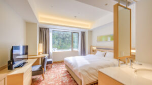 Chambre avec grand lit, bureau et espace lavabo