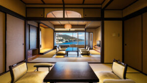 Chambre en tatami avec tables basses et chaises de sol