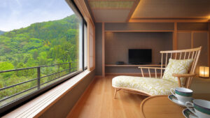 Chaise longue près de la fenêtre avec vue sur les montagnes verdoyantes