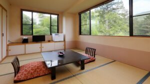 Tatami room with low table and floor cushions