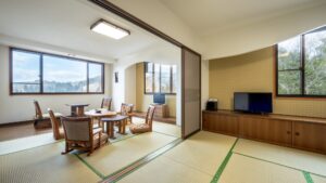 Tatami room with low table, chairs, and television