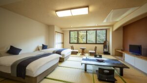 Twin beds in a tatami guest room