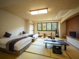 Twin beds in a tatami guest room
