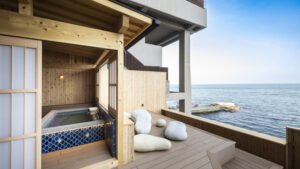 Open-air bath on terrace overlooking the ocean